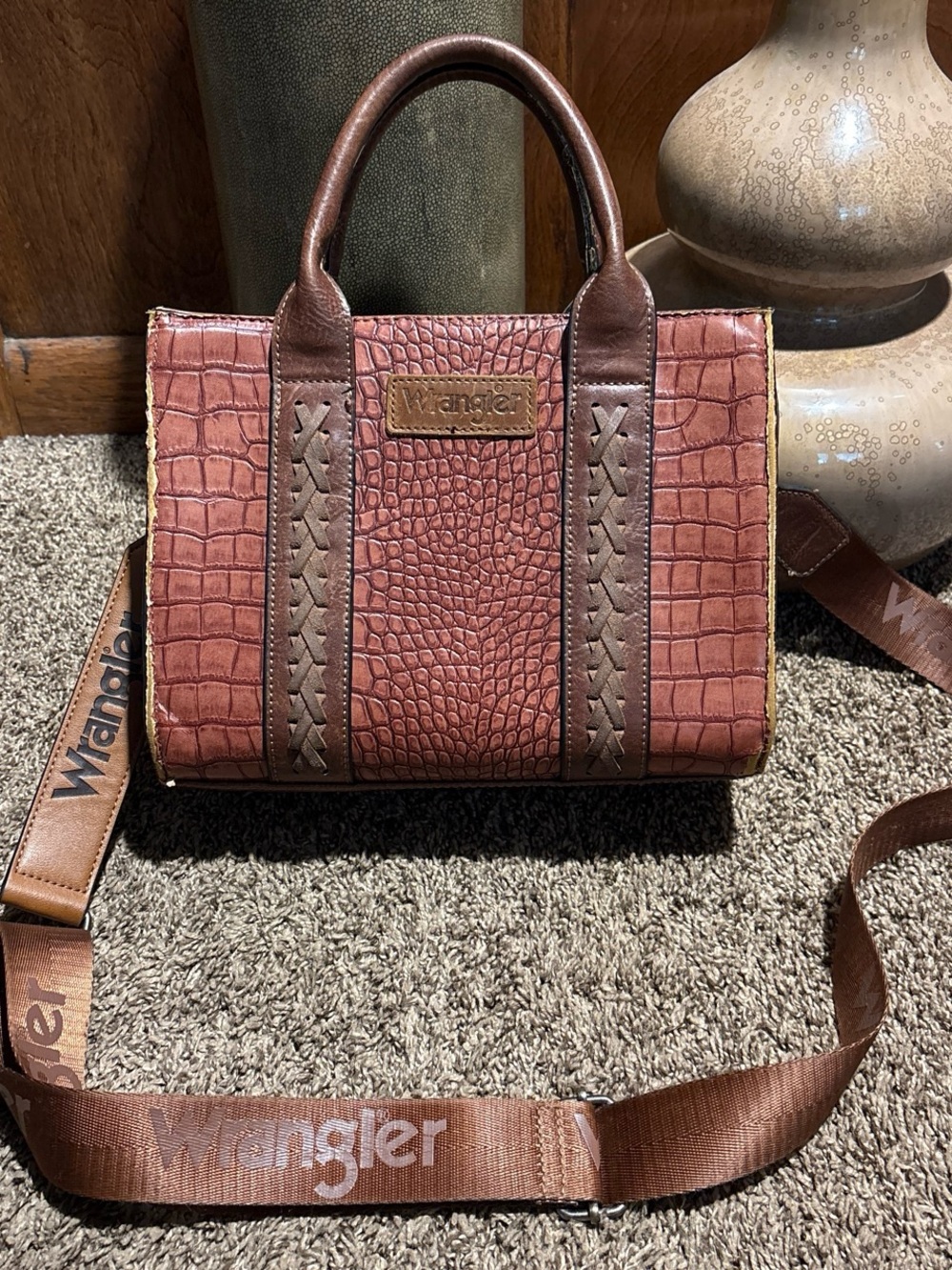 Wrangler Two-Tone Brown Croc-Textured Satchel with Branded Strap